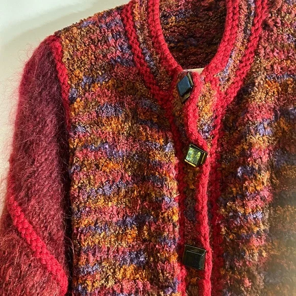 VINTAGE BOHO MOHAIR BLEND CHUNKY CARDIGAN BURGUNDY MULTI COLORED - Picture 8 of 8